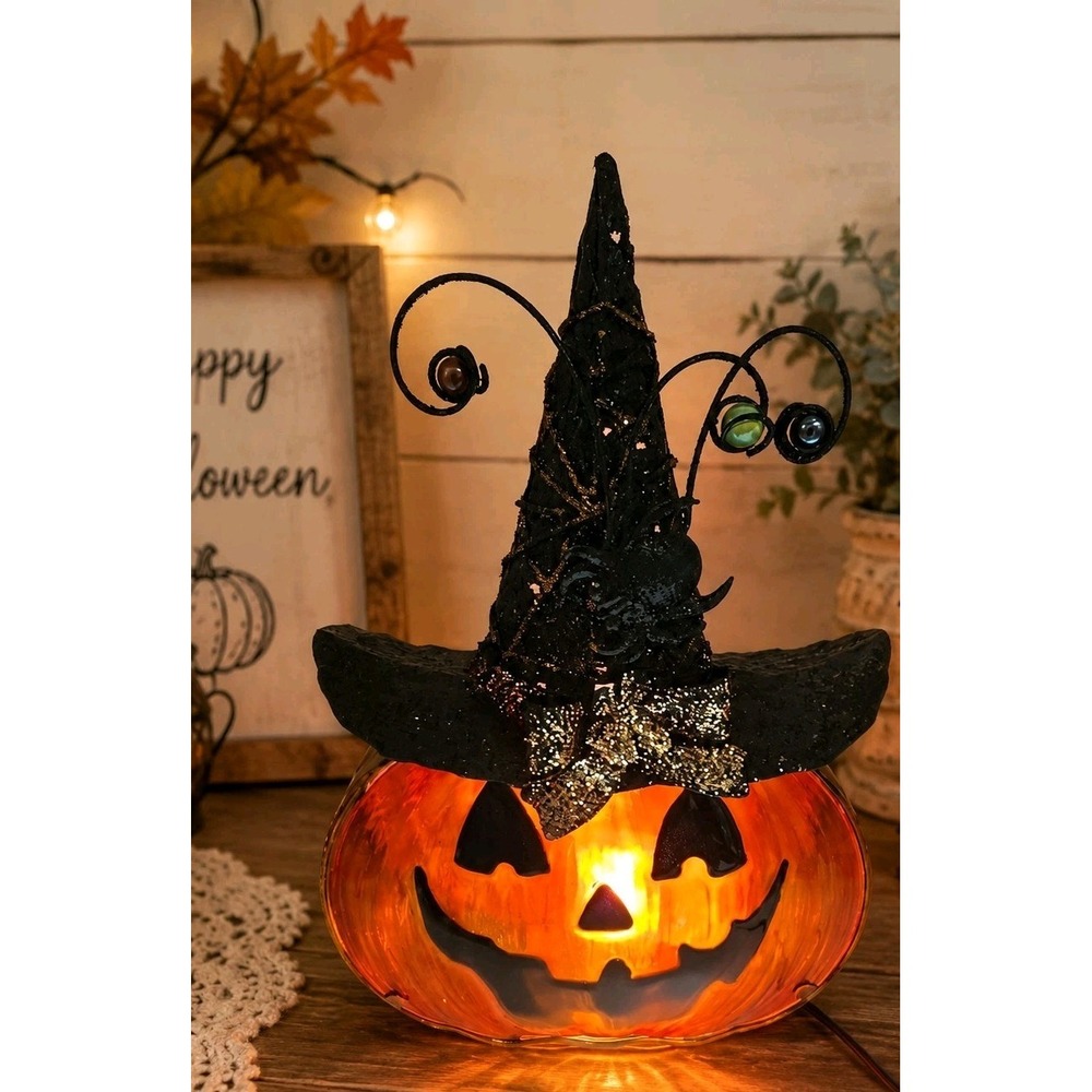 Vintage Style Jack O' Lantern Witch Hat Lighted Halloween Lamp Whimsigoth Decor